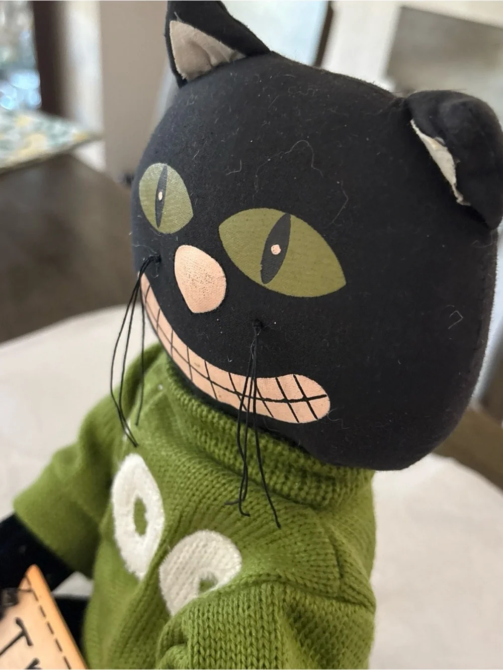 Black Cat Plush with Green 'BOO' Sweater and Orange Socks - Halloween Decor